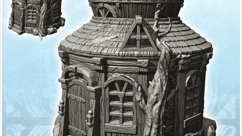 Round medieval house with double roof and tree barter (26) | STL for 3D Printing Printer | Hard Surface