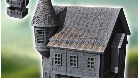 Medieval house with round corner tower and thatched roof (32) | STL for 3D Printing Printer | Hard Surface