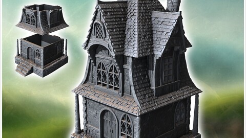 Large medieval house with awning and concave roofs (36) | STL for 3D Printing Printer | Hard Surface