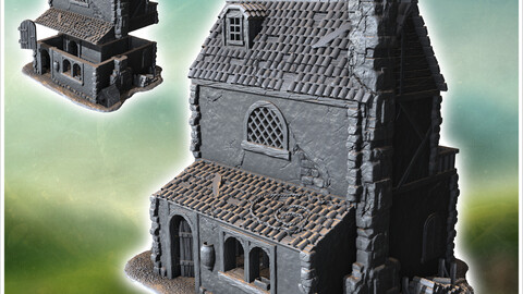 Medieval house with large corner stone fireplace, multi-panel tiled roof and arched windows (39) | STL for 3D Printing Printer | Hard Surface