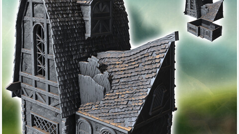 Large medieval building with convex double-sloped tile roof, half-timbered walls and wooden door (41) | STL for 3D Printing Printer | Hard Surface