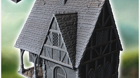 Medieval half-timbered house with large awning and wooden pillars (44) | STL for 3D Printing Printer | Hard Surface