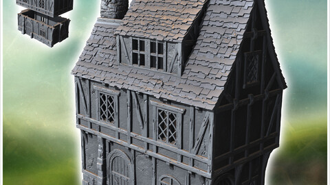 Medieval house with chimney, concave roof and upside-down dormer (45) | STL for 3D Printing Printer | Hard Surface