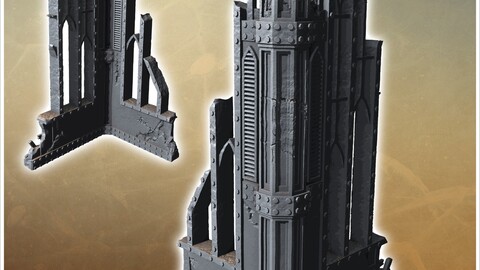 Damaged gothic wall section with intricate arches and reinforced metal supports along the edges (16) | STL for 3D Printing Printer | Hard Surface