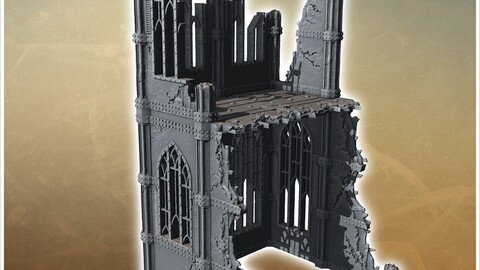 Tall ruined wall structure featuring broken windows and detailed metal reinforcements across the facade (17) | STL for 3D Printing Printer | Hard Surface