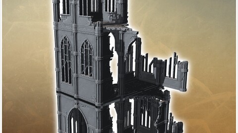 Large damaged building facade with multiple gothic arches and broken architectural elements throughout (18) | STL for 3D Printing Printer | Hard Surface