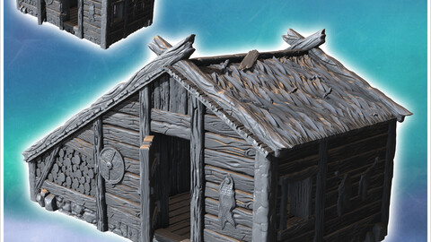 Viking wooden building with thatched roof, stone annex and hanging fish (17) | STL for 3D Printing Printer | Hard Surface