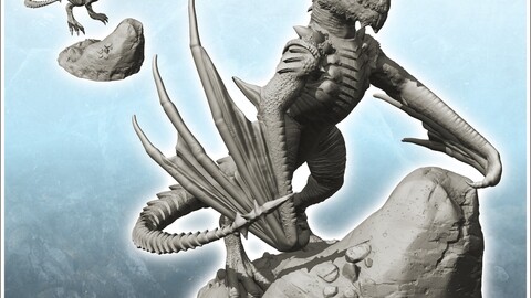 Dragon with pointed tail on rock (8) | STL for 3D Printing Printer | Hard Surface