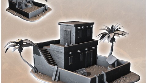 Desert house with palm trees and staircase to roof (6) | STL for 3D Printing Printer | Hard Surface