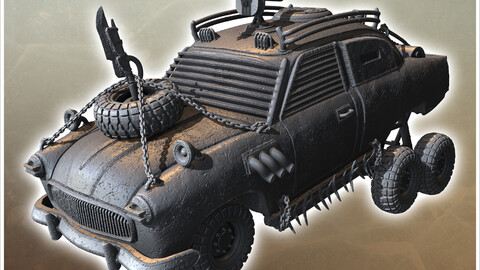 Armored vehicle with mounted turret, spiked wheels, and reinforced metal framework (23) | STL for 3D Printing Printer | Hard Surface