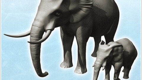 African elephant set with adult and child (7) | STL for 3D Printing Printer | Hard Surface