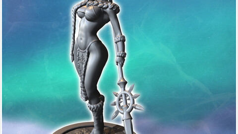 Warrior woman holding a decorated mace and wearing detailed armor with a tall hat (26) | STL for 3D Printing Printer | Hard Surface