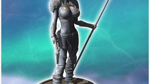 Female Viking warrior standing with a horned helmet, spear, and an axe in her hand (27) | STL for 3D Printing Printer | Hard Surface