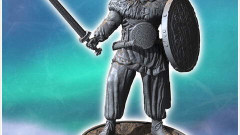 Bearded viking warrior standing with a decorated shield and sword on a rocky base (33) | STL for 3D Printing Printer | Hard Surface