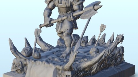 Orc hero with axe on bone platform 10 | STL for 3D Printing Printer | Hard Surface