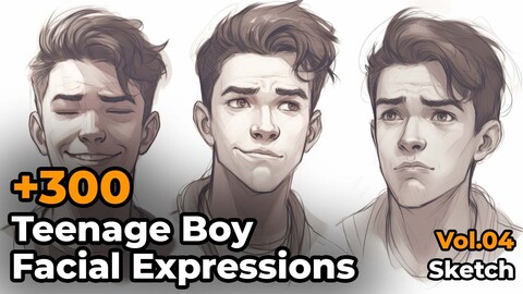 +300 Teenage  Boy Facial Expressions Sketch Reference Images(4k)