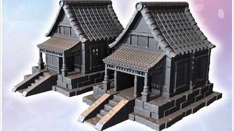 Twin traditional Japanese buildings with stone steps, wooden pillars, and tiled roofs (1) | STL for 3D Printing Printer | Hard Surface