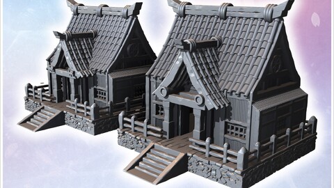 Traditional Japanese houses with wooden railings, steep tiled roofs, and stone foundations (2) | STL for 3D Printing Printer | Hard Surface