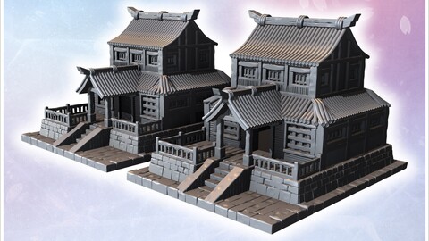 Pair of large Japanese buildings with wooden stairs, tiled roofs, and intricate railings (3) | STL for 3D Printing Printer | Hard Surface