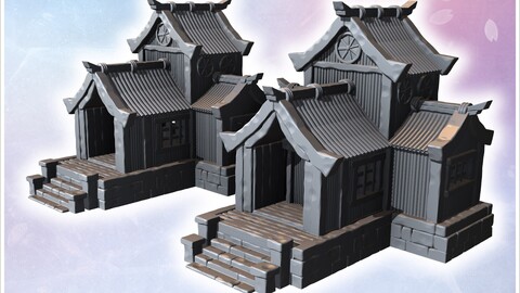 Group of traditional Japanese buildings with wooden walls, tiered roofs, and elevated foundations (4) | STL for 3D Printing Printer | Hard Surface