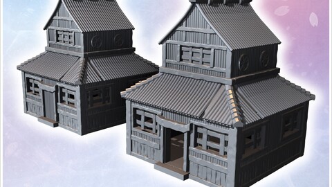 Set of Japanese buildings with stone steps, wooden pillars, and symmetrical roof designs (5) | STL for 3D Printing Printer | Hard Surface