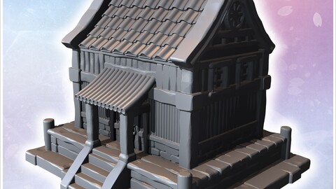 Traditional Japanese structure with wooden porch, stone base, and intricately designed roof (6) | STL for 3D Printing Printer | Hard Surface