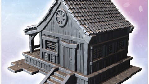 Traditional wooden house with tiled roof, large windows, and a front staircase (9) | STL for 3D Printing Printer | Hard Surface