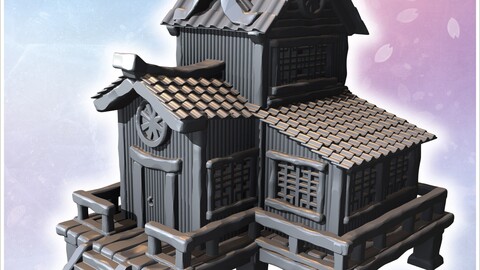 Elevated wooden structure with a multi-tiered roof, decorative elements, and surrounding balcony (10) | STL for 3D Printing Printer | Hard Surface