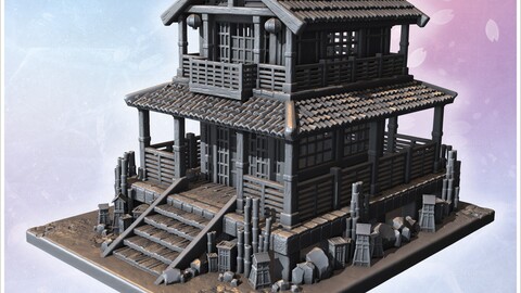 Two-story wooden Japanese house with tiled roof, balcony, and stone steps leading inside (11) | STL for 3D Printing Printer | Hard Surface