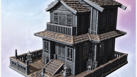 Large traditional Japanese house with ornate tiled roof, wooden balcony, and stone surroundings (12) | STL for 3D Printing Printer | Hard Surface