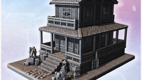 Traditional Japanese building with wooden railings, tiled roof, and courtyard with lanterns (13) | STL for 3D Printing Printer | Hard Surface