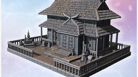 Large Japanese house with symmetrical tiled roof, wooden pillars, and decorative stone accents (14) | STL for 3D Printing Printer | Hard Surface