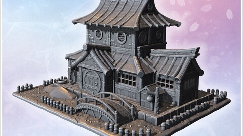 Large Japanese house with bridge, wooden gates, tiled roof, and surrounding fence (16) | STL for 3D Printing Printer | Hard Surface