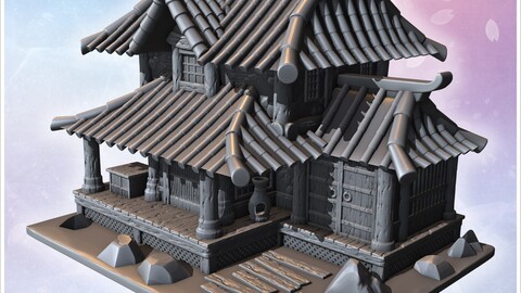 Traditional Japanese building with tiered roof, wooden pillars, and stone pathway entrance (18) | STL for 3D Printing Printer | Hard Surface