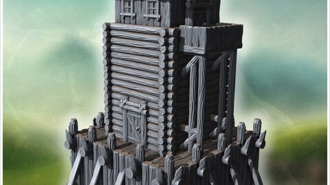 Wooden watchtower with fortified palisade, elevated platform, and sturdy log construction (2) | STL for 3D Printing Printer | Hard Surface