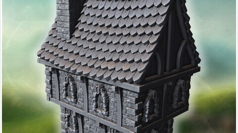 Stone house with arched windows, detailed brickwork, and steep tiled roof (4) | STL for 3D Printing Printer | Hard Surface