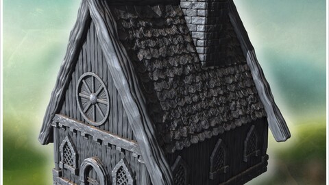 Large wooden house with intricate roof beams, stone chimney, and reinforced doors (6) | STL for 3D Printing Printer | Hard Surface