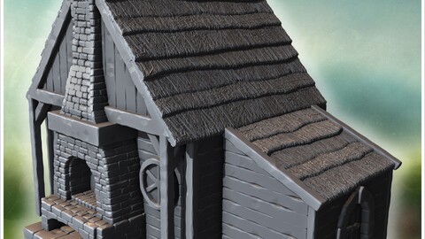 Rural wooden house with stone fireplace, annex, and thatched roof covering the structure (11) | STL for 3D Printing Printer | Hard Surface