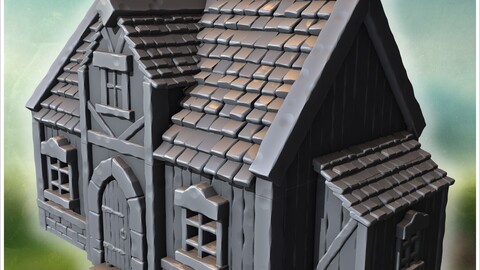 Small wooden cottage with stone foundation, detailed shingled roof, and chimney (13) | STL for 3D Printing Printer | Hard Surface