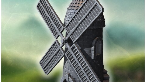 Medieval stone windmill with large rotating blades, arched doorway, and sturdy base (14) | STL for 3D Printing Printer | Hard Surface