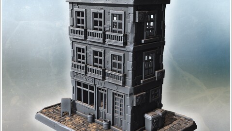 Mini market building with balconies, detailed windows, rooftop structure, and urban decorations (3) | STL for 3D Printing Printer | Hard Surface