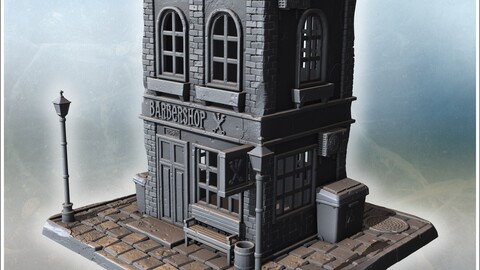 Barbershop with arched windows, brick walls, rooftop details, and street furniture elements (4) | STL for 3D Printing Printer | Hard Surface