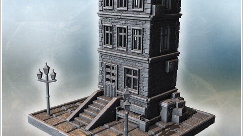 Tall stone residential building with stairs, benches, street lamps, and urban surroundings (5) | STL for 3D Printing Printer | Hard Surface