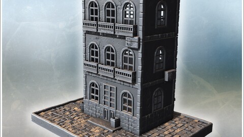 Elegant brick building with arched windows, balconies, rooftop chimneys, and detailed brickwork (6) | STL for 3D Printing Printer | Hard Surface