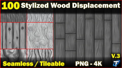 100 Ultra High-Quality Stylized Wood Displacements / Stylized Wood Alpha (Seamless and Tileable) Vol 3