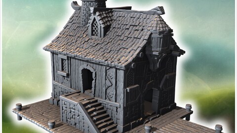 Old wooden pirate house with stone stairs, chimney, and dockside platform for mooring (9) | STL for 3D Printing Printer | Hard Surface