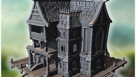 Mysterious pirate house with gothic design, wooden balconies, and an imposing dock structure (11) | STL for 3D Printing Printer | Hard Surface