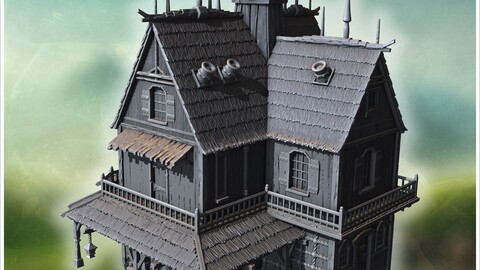 Large pirate tavern with high-pitched roofs, wooden balconies, and lookout towers (13) | STL for 3D Printing Printer | Hard Surface