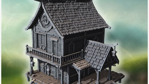 Traditional pirate house with wooden pillars, large shingled roof, and dockside pier (15) | STL for 3D Printing Printer | Hard Surface