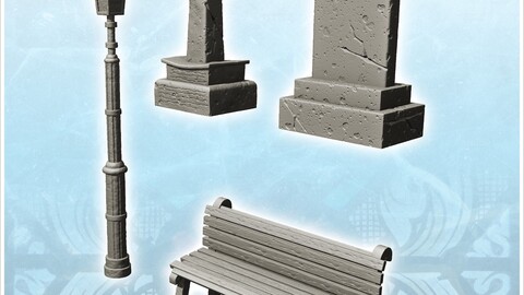 Set of tombstones and outdoor accessories for cemetery (1) | STL for 3D Printing Printer | Hard Surface